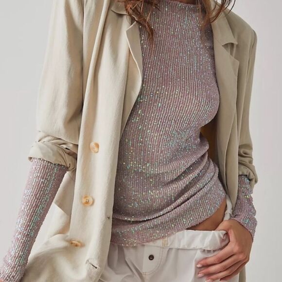 Nwt free people gold rush sequin long sleeve top champagne float purple - Picture 1 of 7